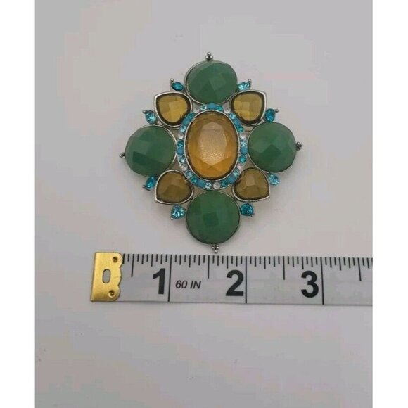 Vintage Green Yellow Blue Heart Acrylic Bold Statement Brooch Retro Large 3 Inch - Picture 3 of 9